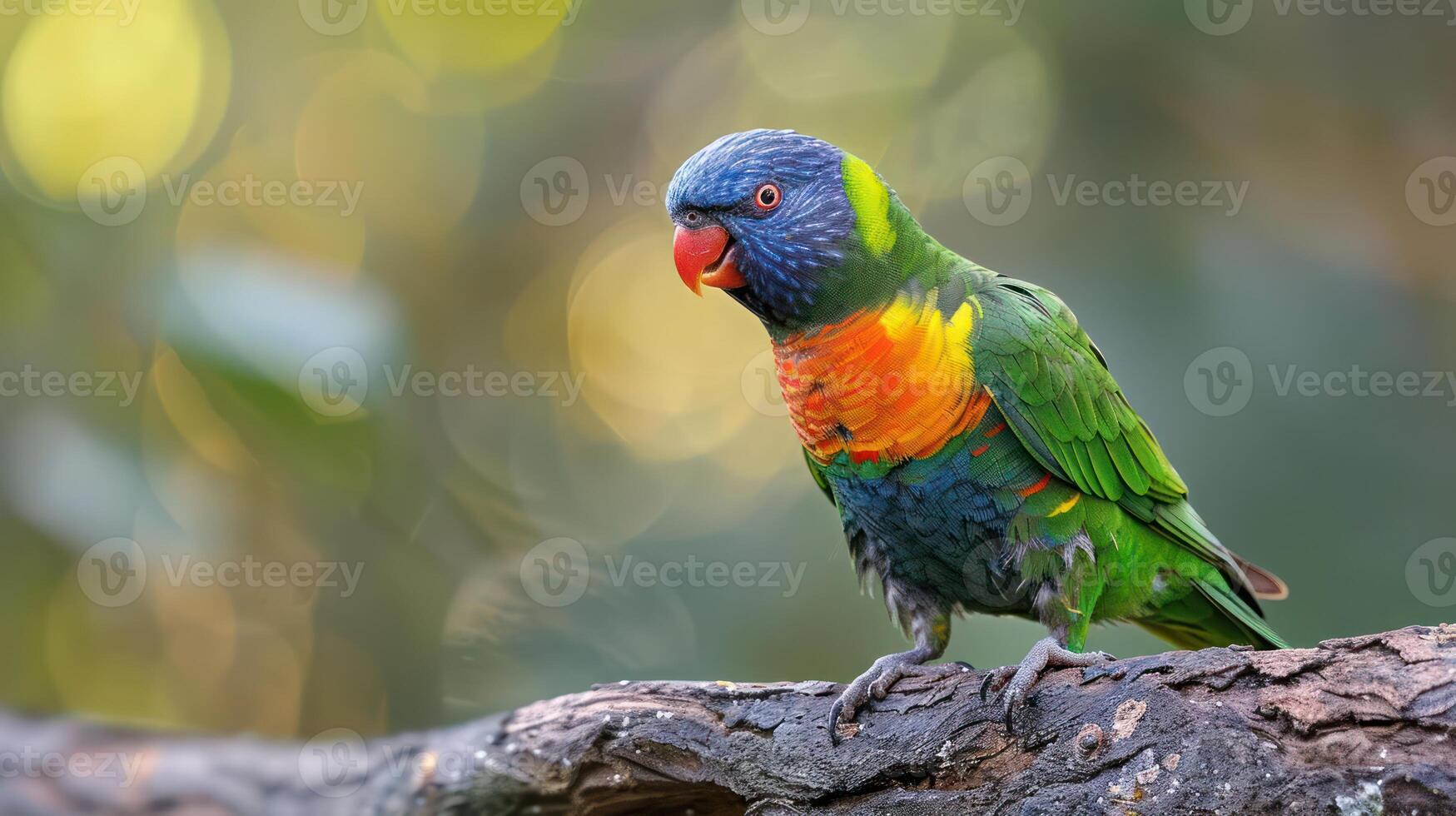 Vibrant rainbow lorikeet perched on a branch amidst a blurred green background, showcasing nature's beauty photo
