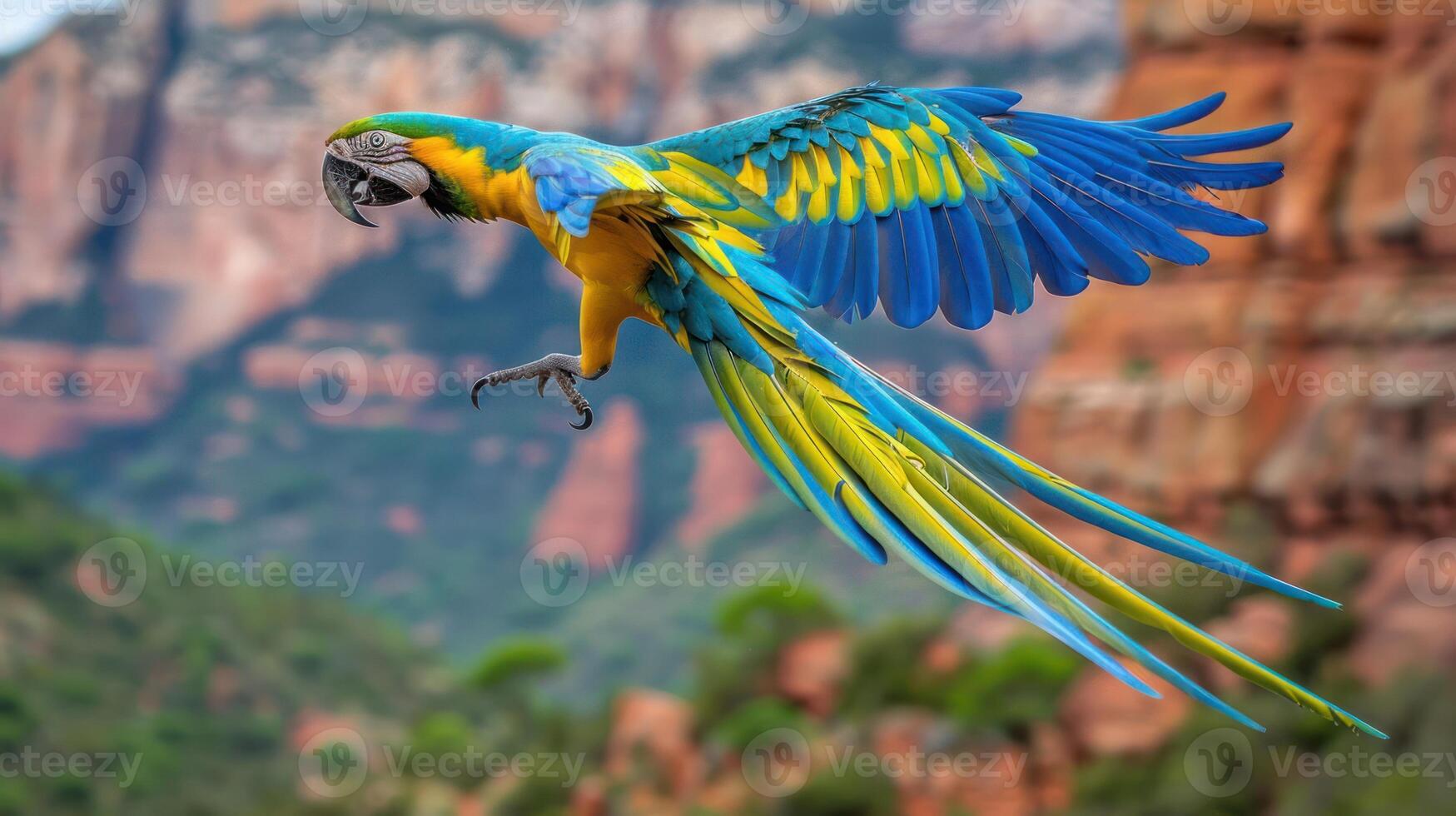 Vibrant macaw soaring over stunning red rock formations in a lush green landscape photo