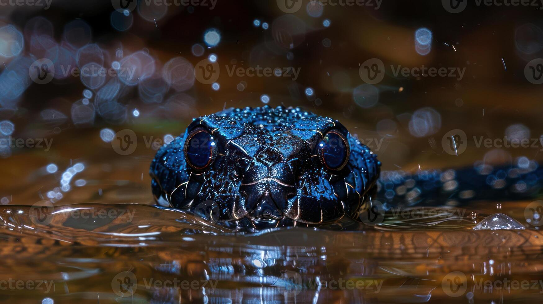 Close-up of a shimmering blue snake emerging from water, surrounded by sparkling droplets and blurred foliage photo