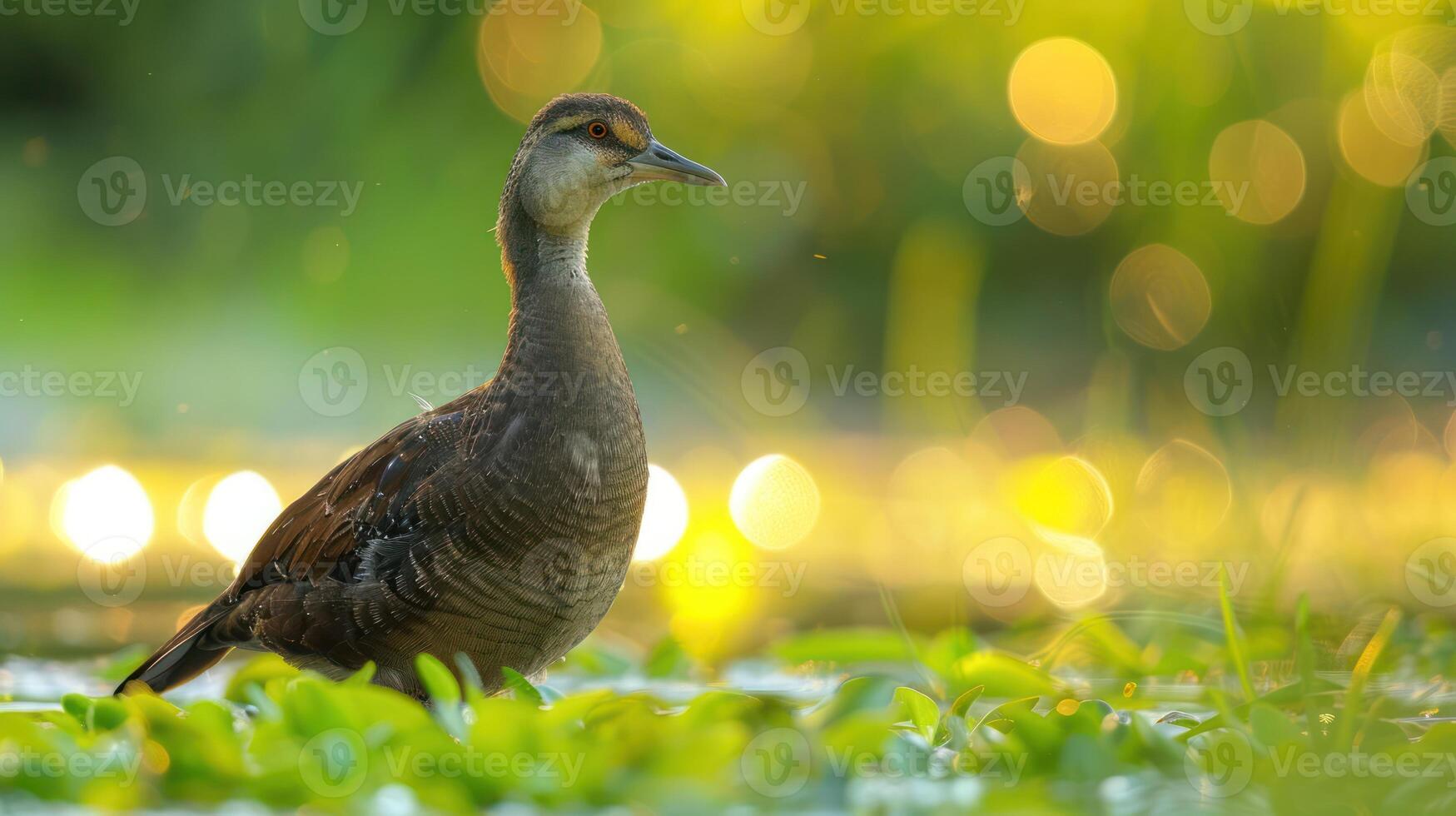 Serene duck standing gracefully by a tranquil pond surrounded by lush greenery and soft bokeh photo