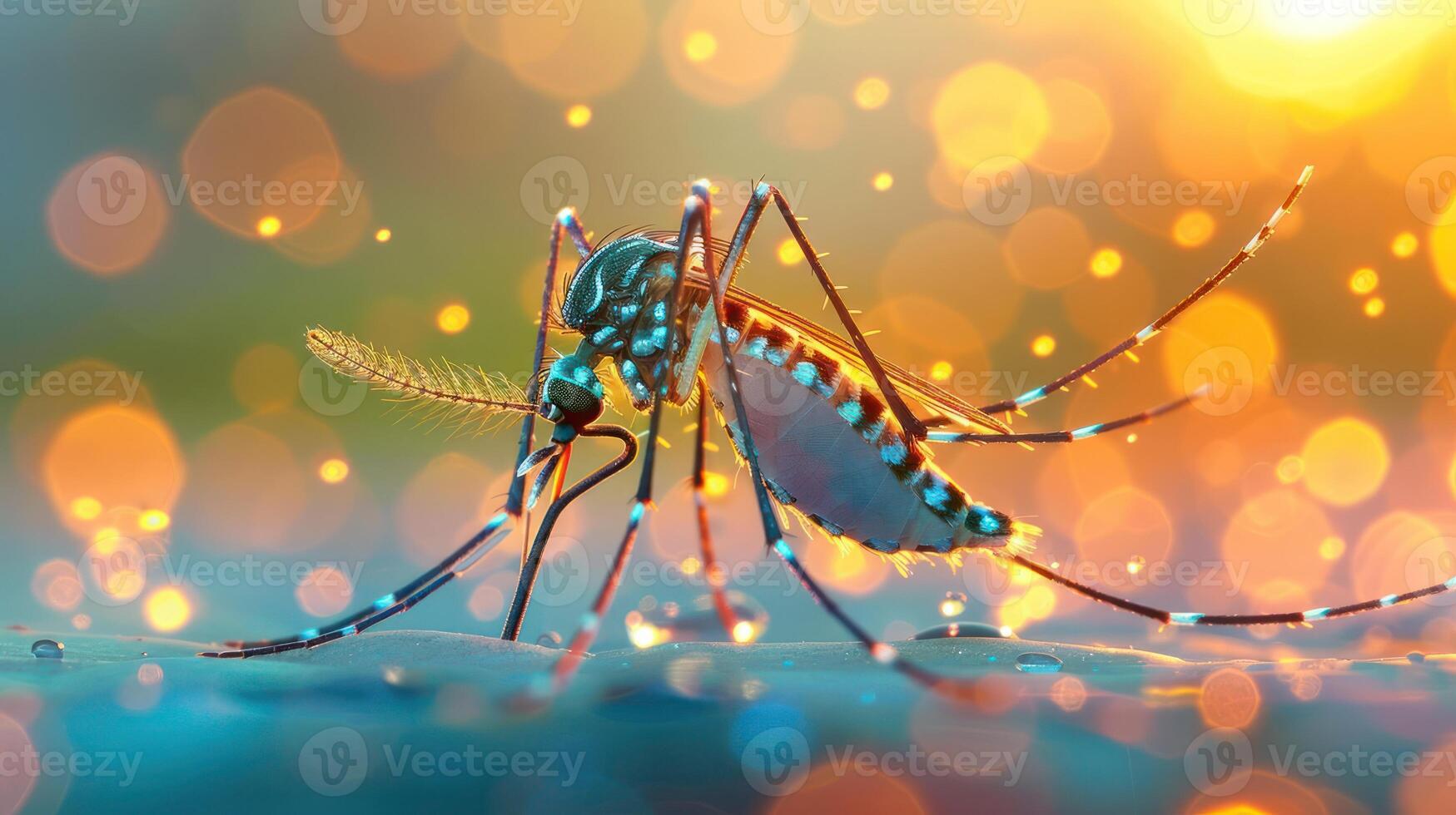 Close-up of a mosquito feeding on water with a dreamy bokeh background at sunset photo