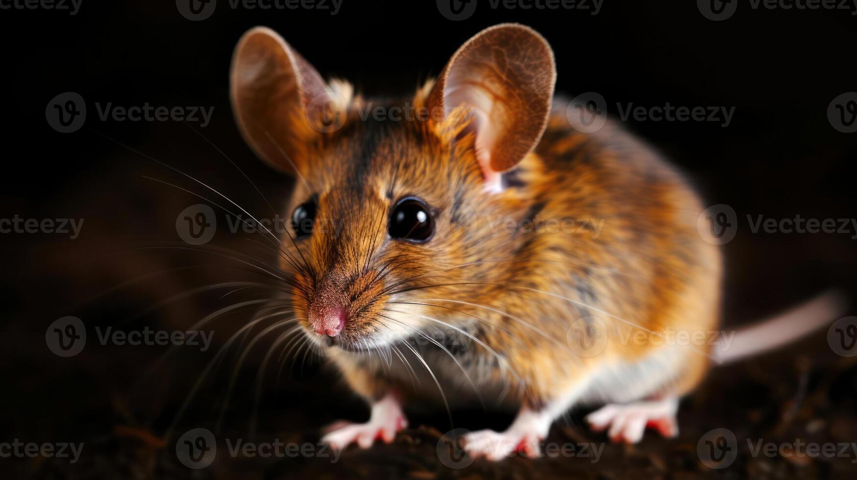 Close-up of a brown mouse with large ears and shiny eyes in a dark environment, showcasing its features photo