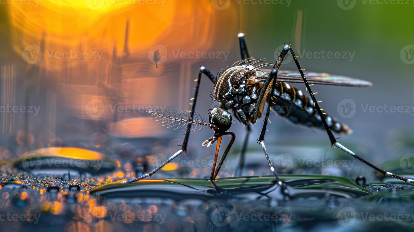 Close-up of a mosquito feeding on water droplets with a blurred sunset background photo
