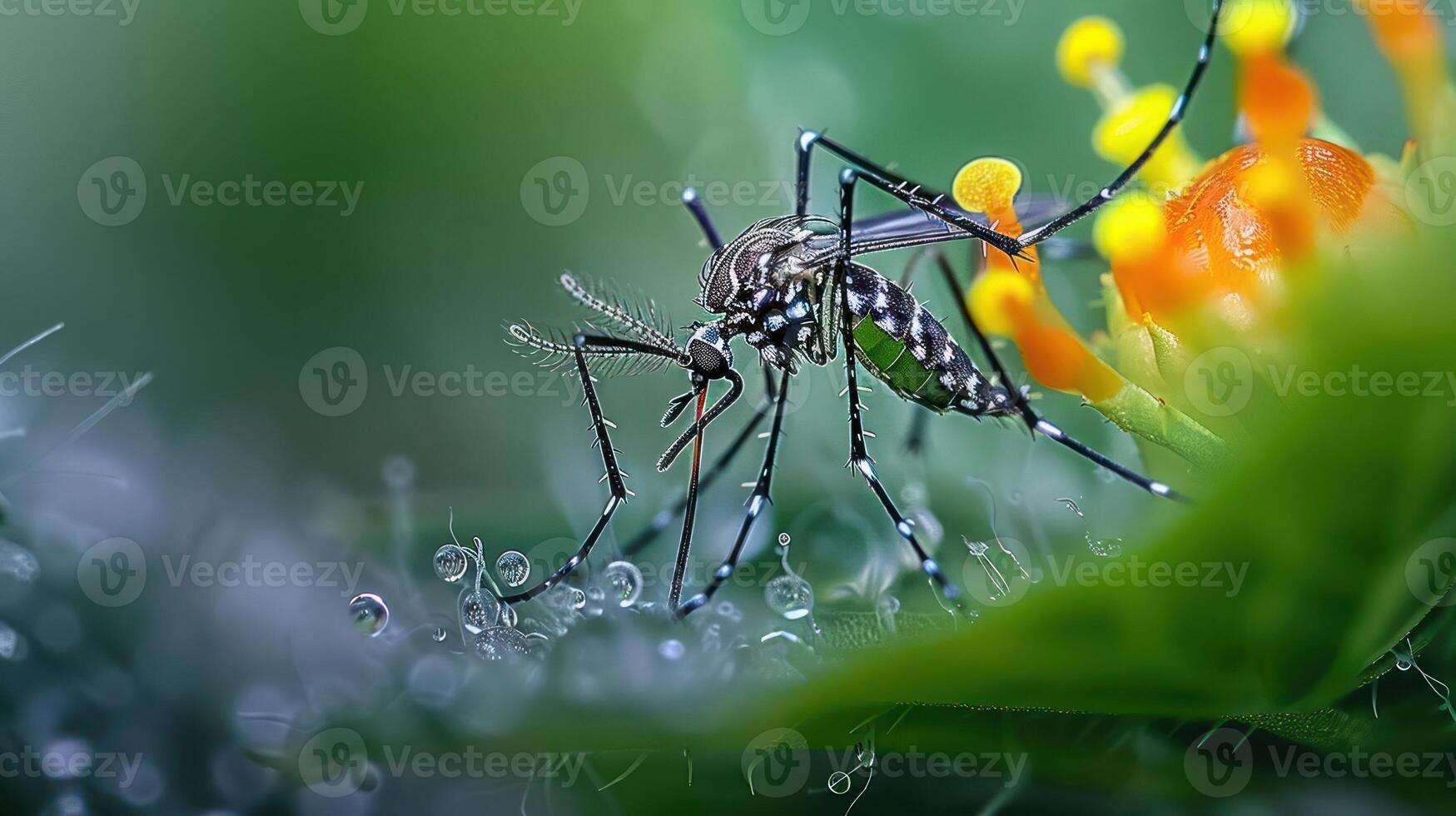 Close-up of a mosquito perched on a dewy green leaf with vibrant flowers in the background photo
