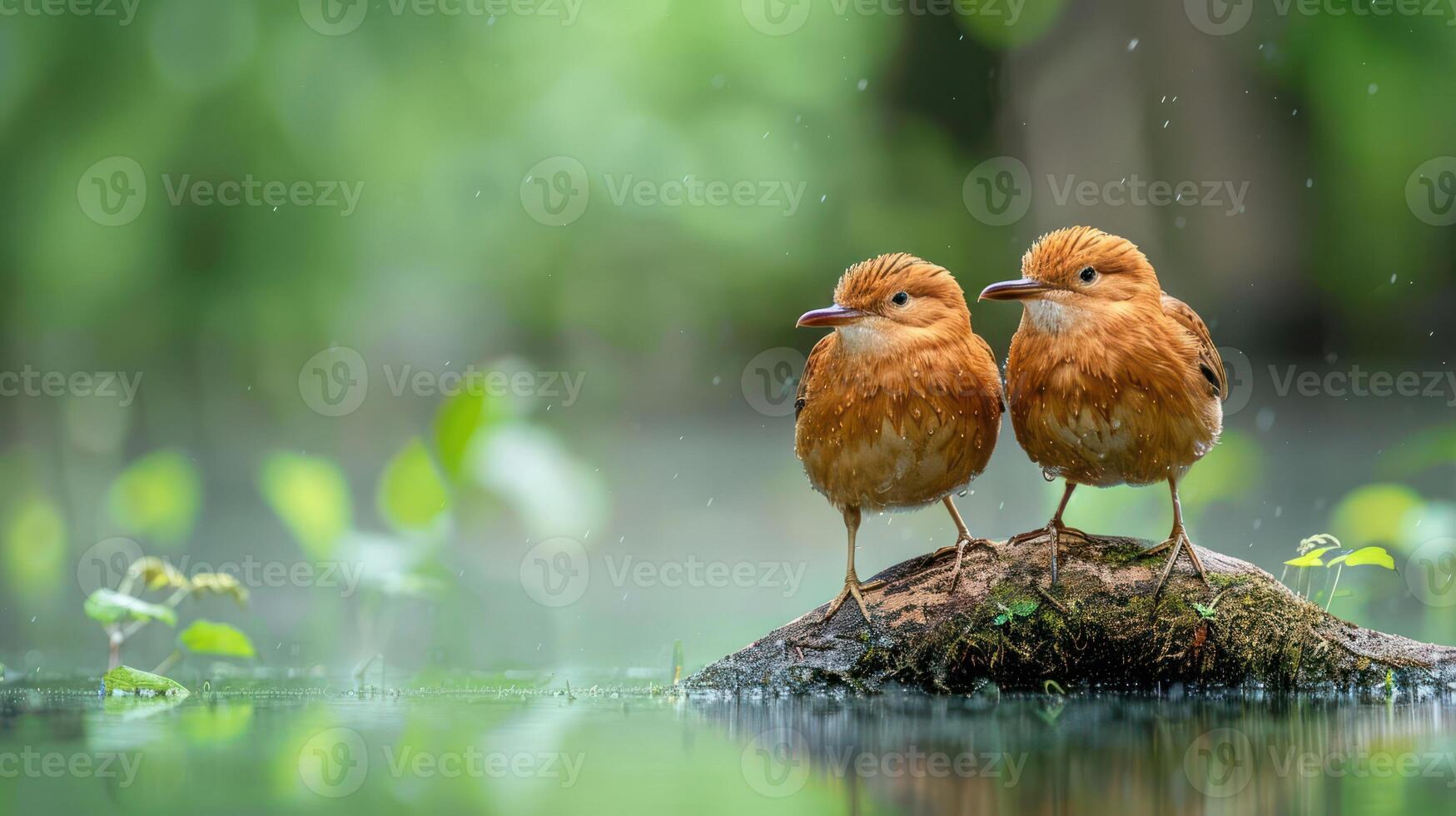 Two small, vibrant orange birds perched on a mossy log in a serene, green wetland setting photo