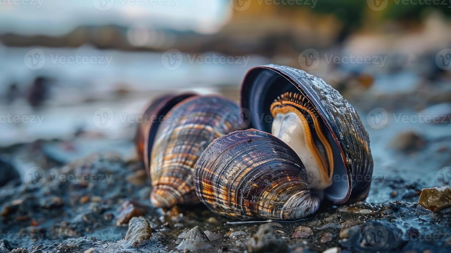 Close-up of colorful seashells resting on a rocky beach with gentle waves in the background photo