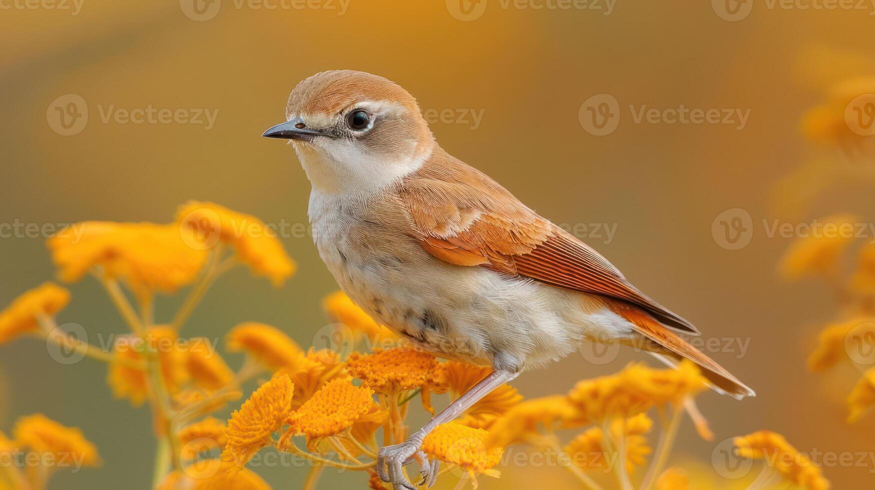 A small bird perched on vibrant yellow flowers in a sunny garden setting, showcasing nature's beauty photo