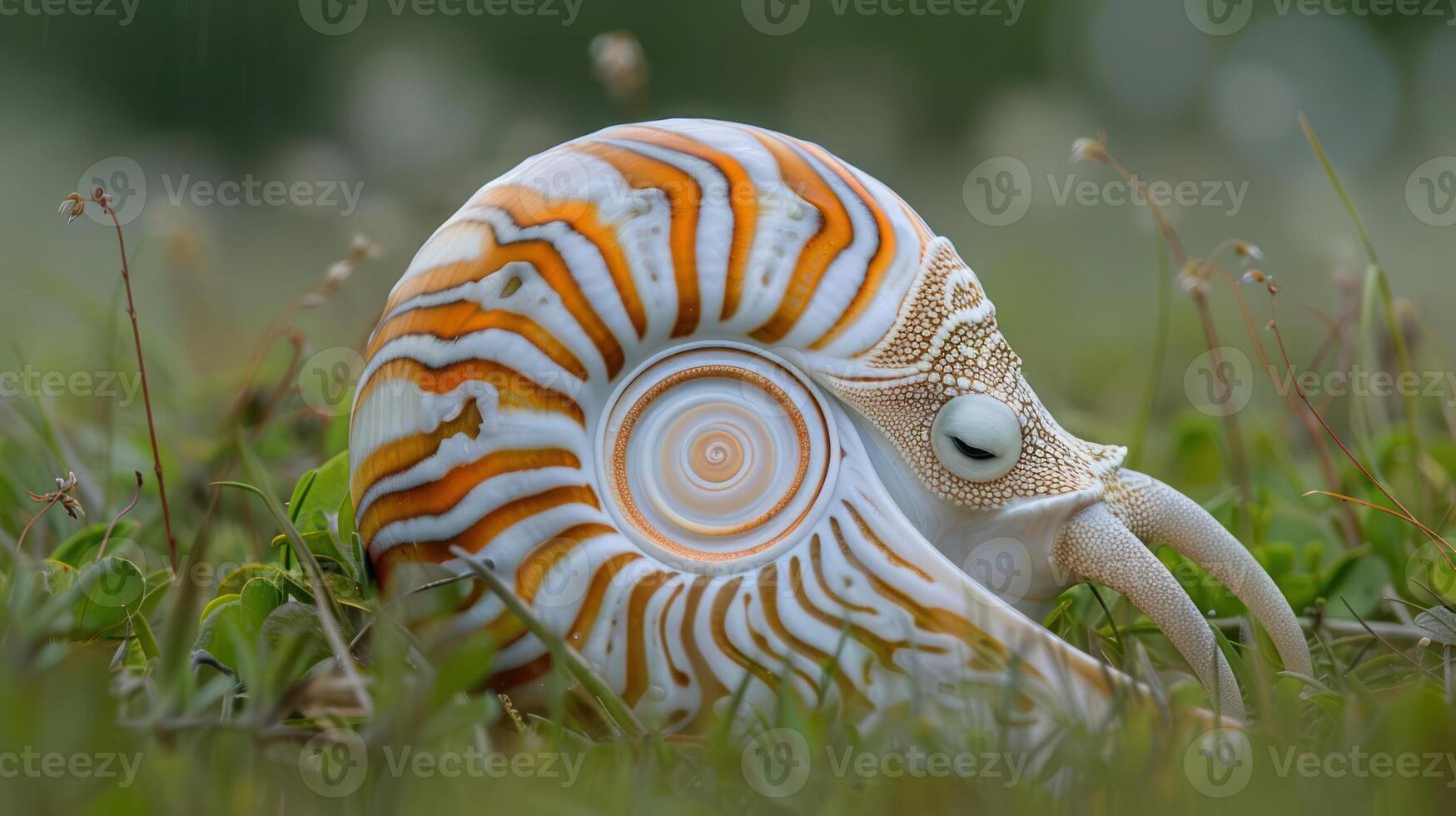 A vibrant nautilus shell resting on lush green grass under a cloudy sky, showcasing nature's beauty photo