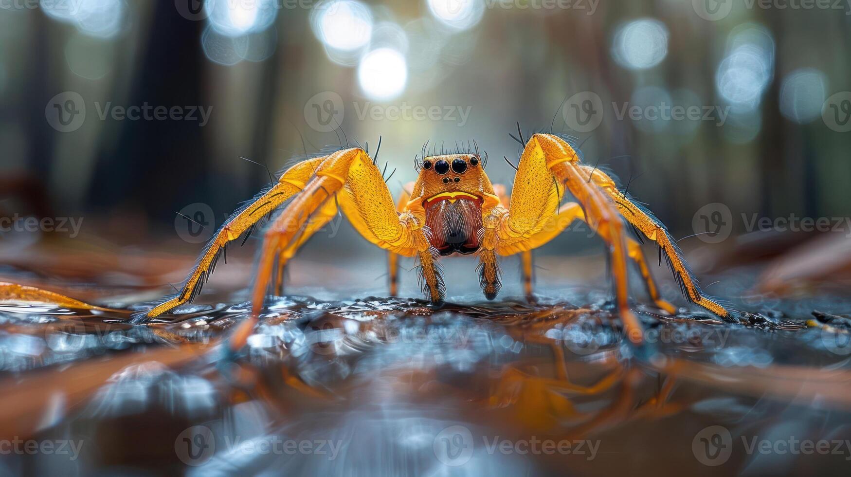 Close-up of a vibrant yellow spider on wet ground in a forest with blurred trees in the background photo