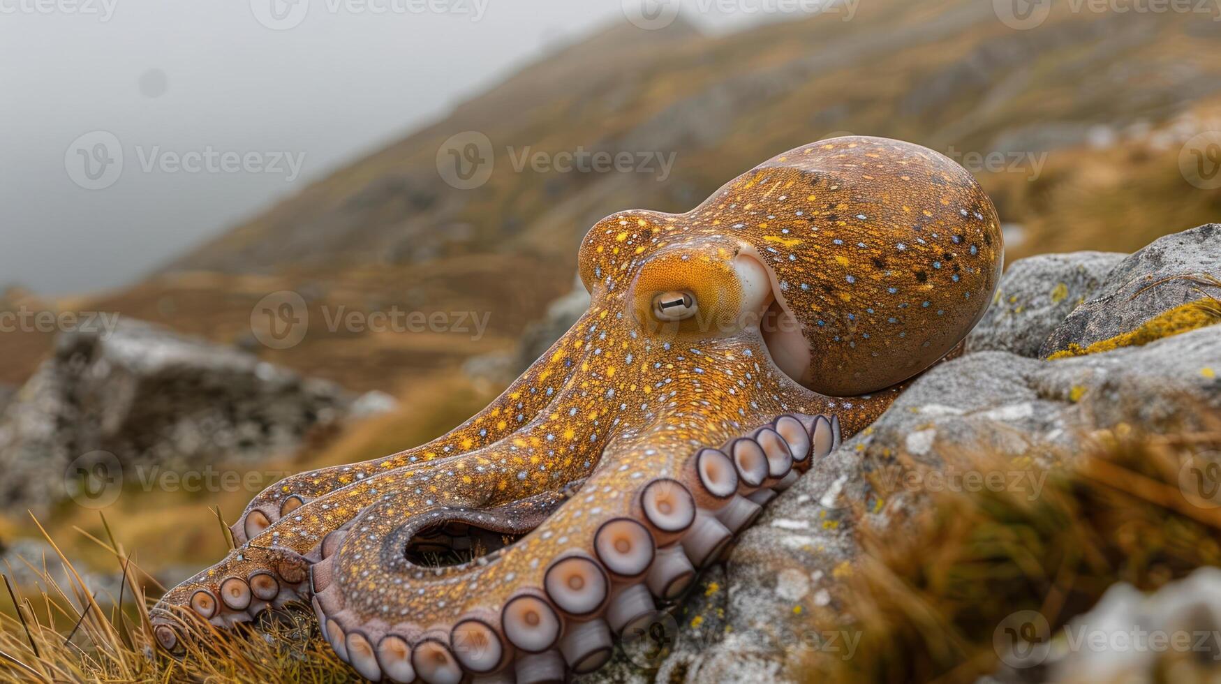 Colorful octopus resting on rocky terrain with misty mountains in the background photo