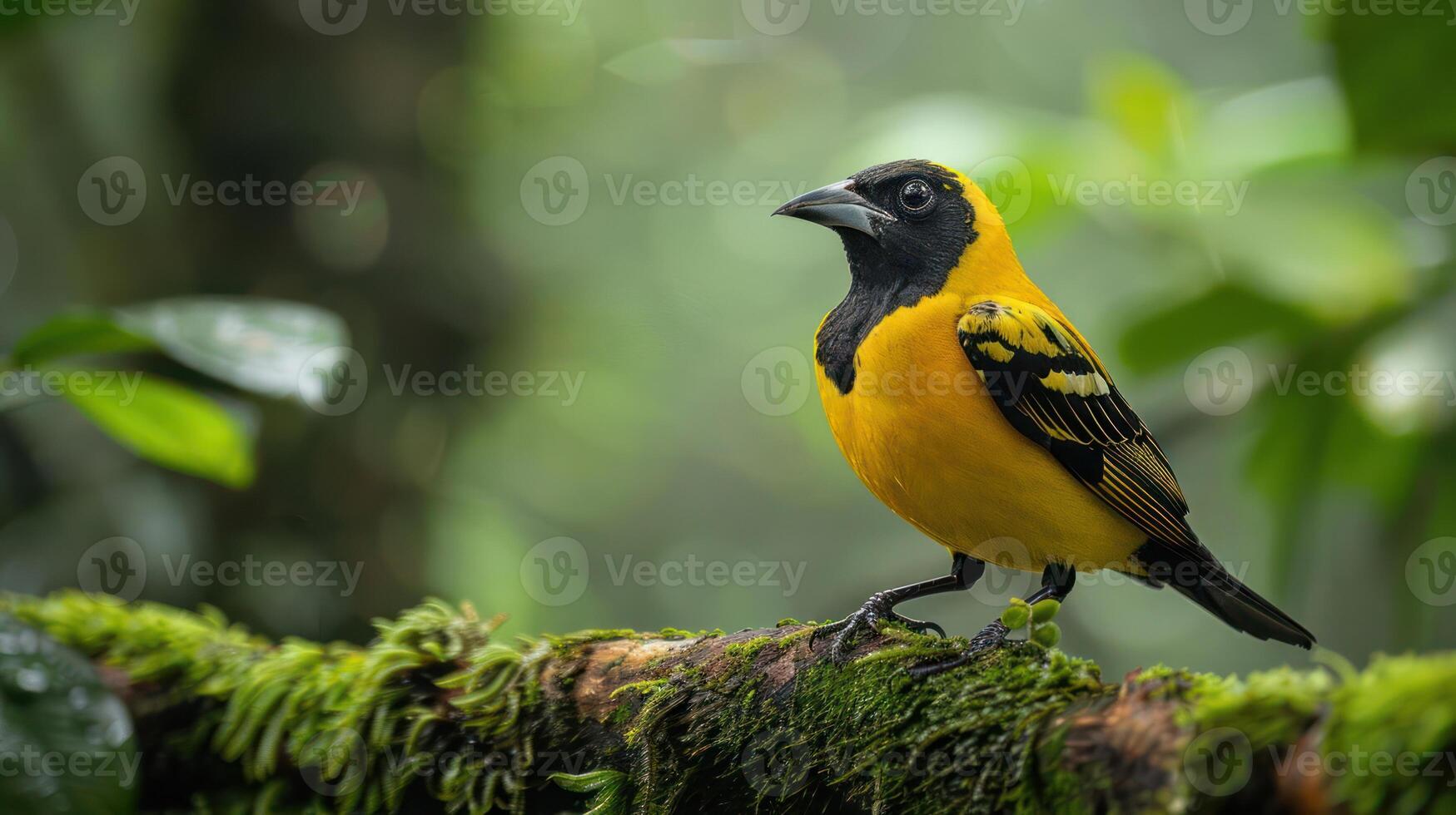 Vibrant yellow bird perched on a moss-covered branch in a lush, green forest setting photo