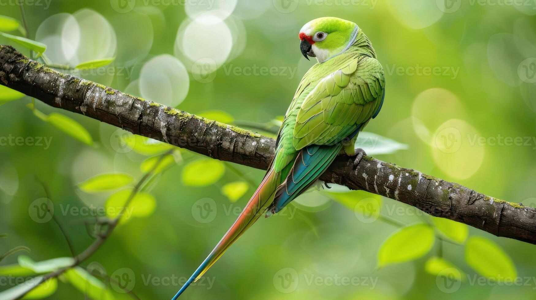Vibrant green parrot perched on a branch amidst lush foliage and soft bokeh background photo