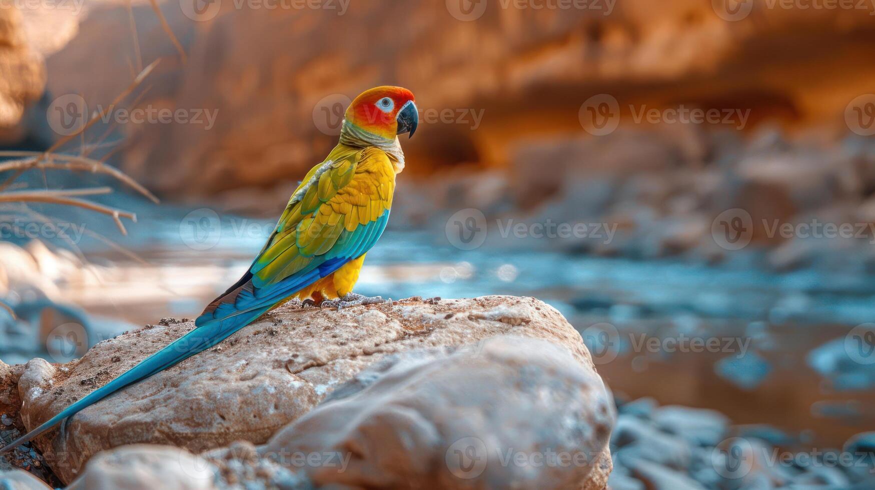 Vibrant parrot perched on a rock by a river, surrounded by rocky cliffs and natural scenery photo