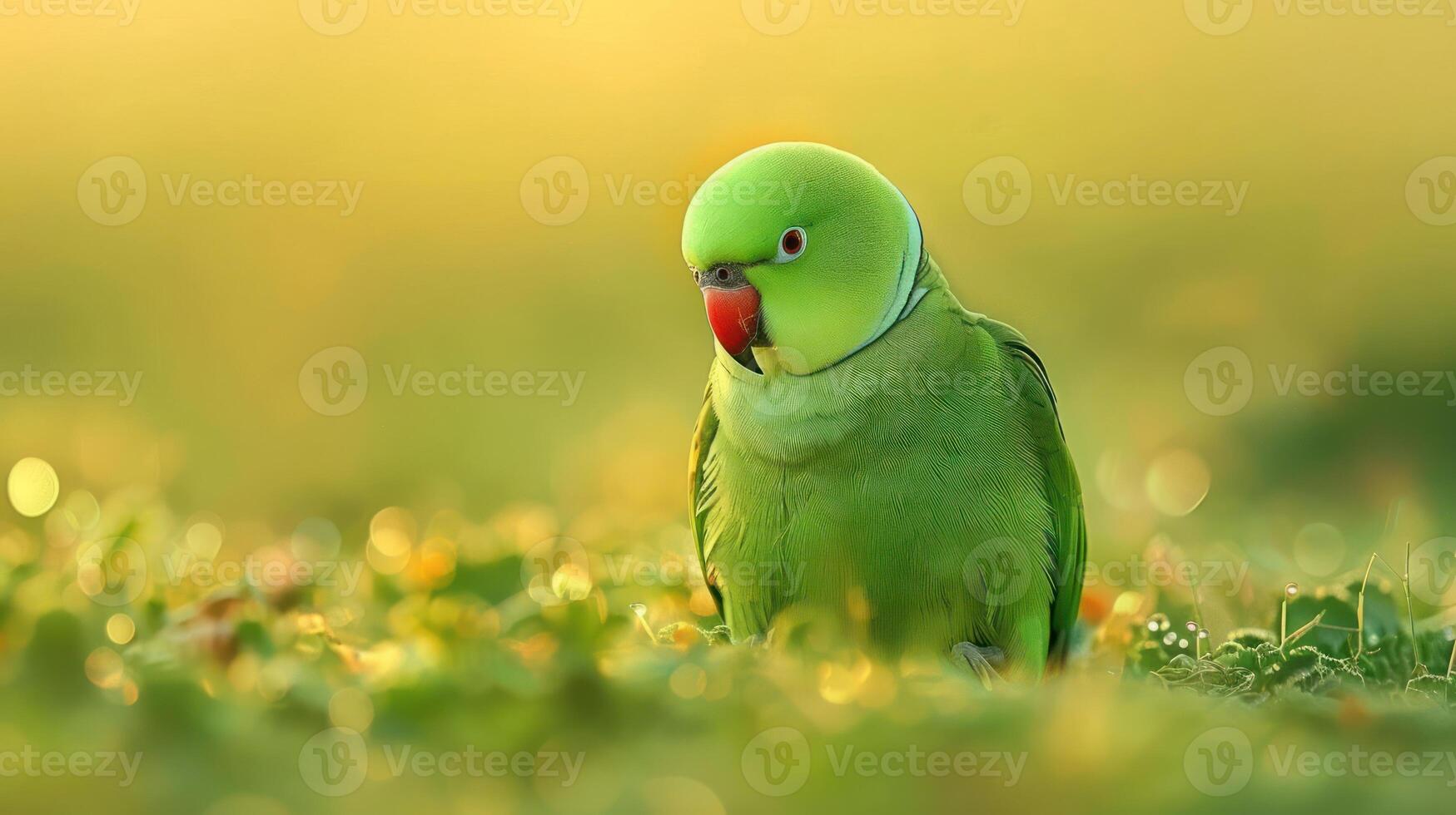 Vibrant green parakeet perched on grass, basking in soft golden sunlight with blurred background photo