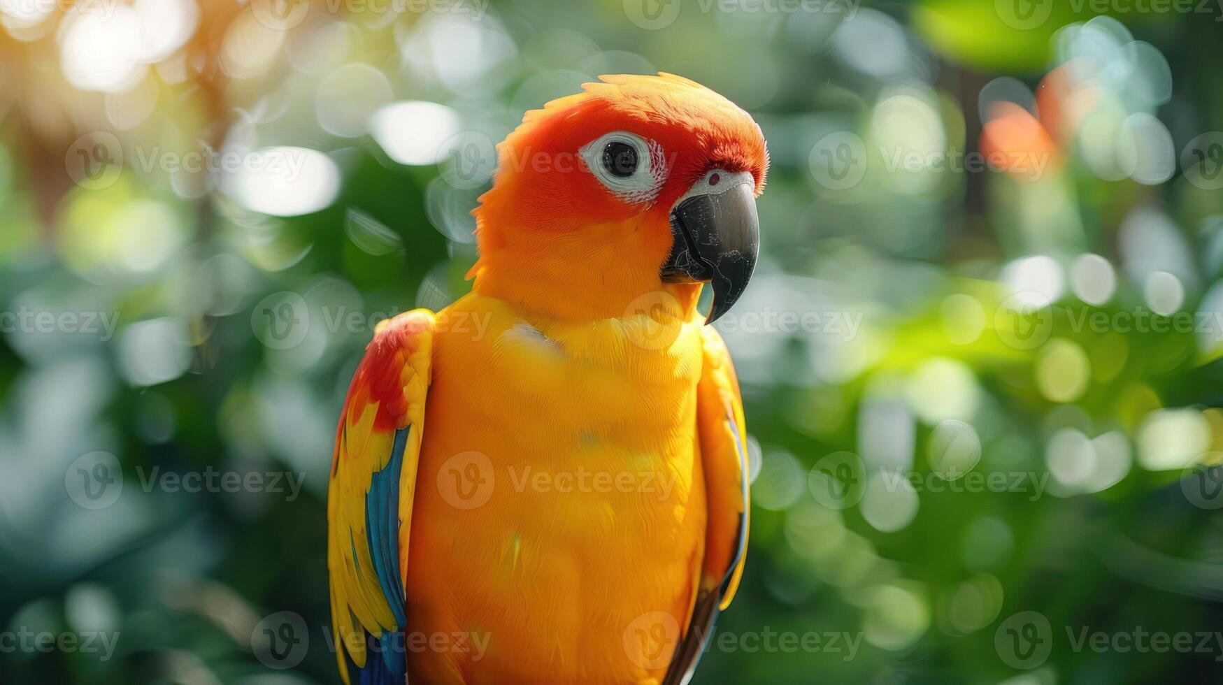 Vibrant sun conure perched amidst lush greenery, showcasing its colorful feathers in a serene environment photo