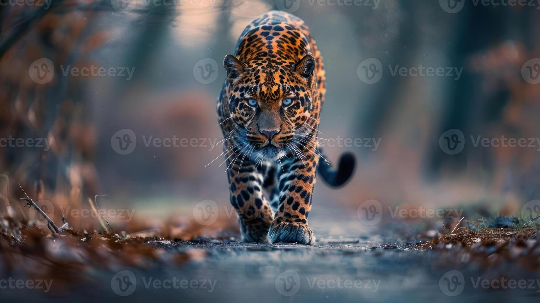 A majestic jaguar prowling down a forest path, surrounded by softly blurred trees and foliage photo