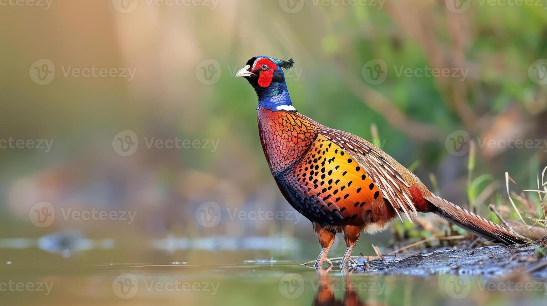 Vibrant pheasant standing by the water's edge in a lush, serene natural landscape photo