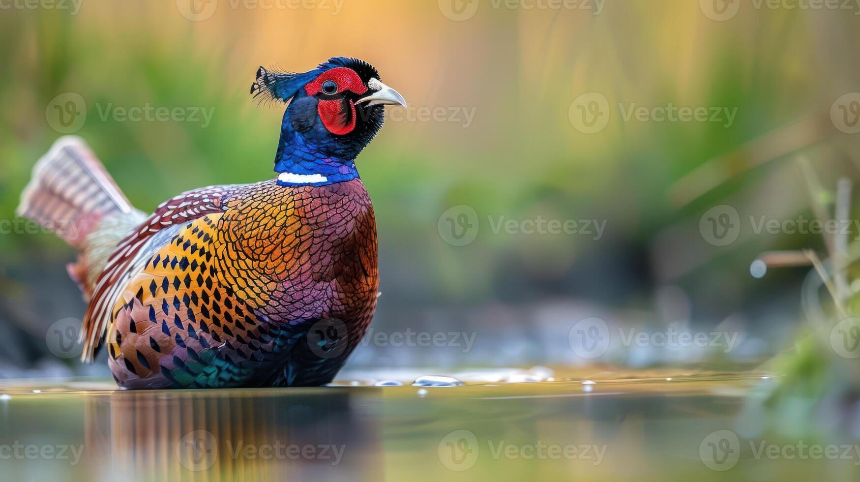 Colorful pheasant standing in serene water with lush greenery in the background, showcasing nature's beauty photo