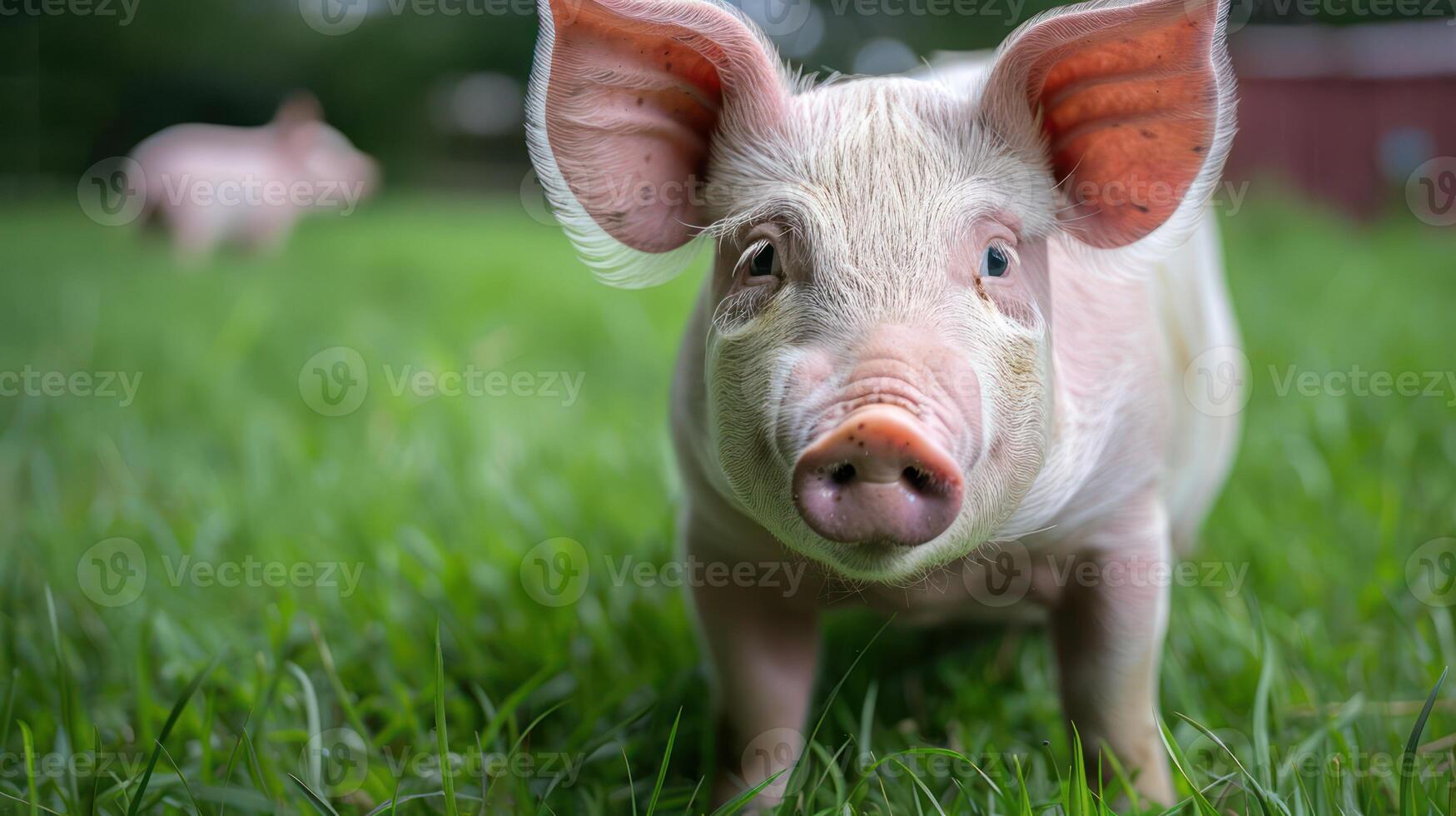 Close-up of a curious piglet in a lush green field with another pig in the background photo