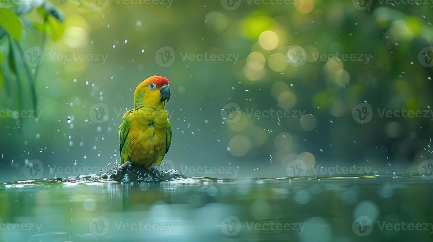 Vibrant parrot splashing in rain-soaked water amidst a lush, green tropical background photo