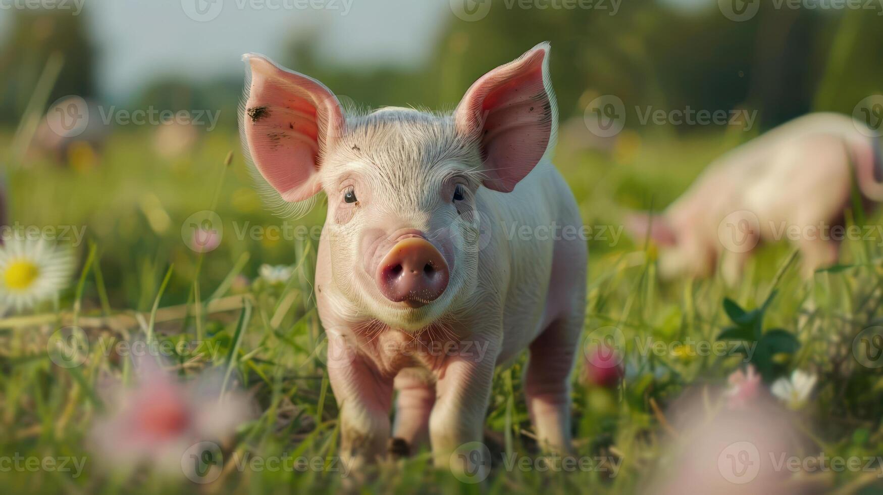 Playful piglet exploring a vibrant meadow filled with flowers under a clear blue sky photo