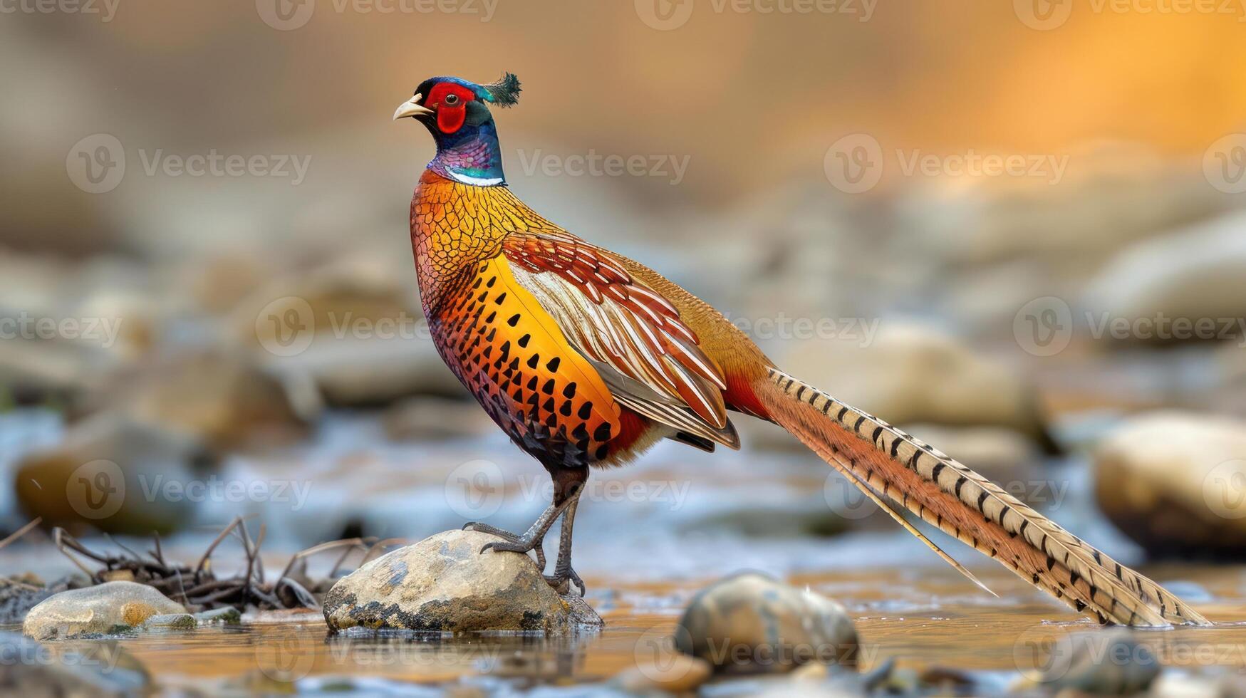 Vibrant pheasant standing on a rocky riverbank, surrounded by blurred natural scenery photo