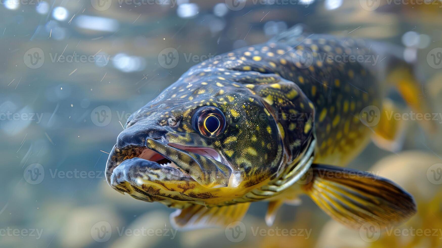Close-up of a vibrant fish swimming underwater among pebbles in a clear stream photo