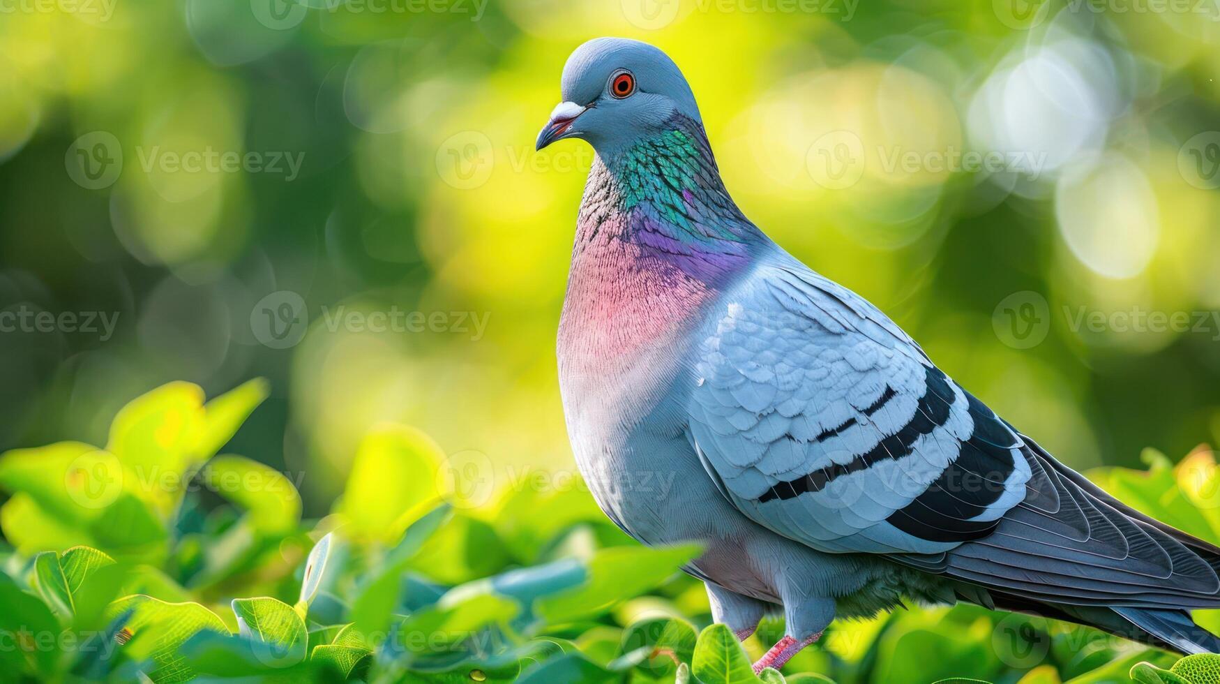 A vibrant pigeon perched among lush green leaves, basking in soft sunlight with a blurred background photo