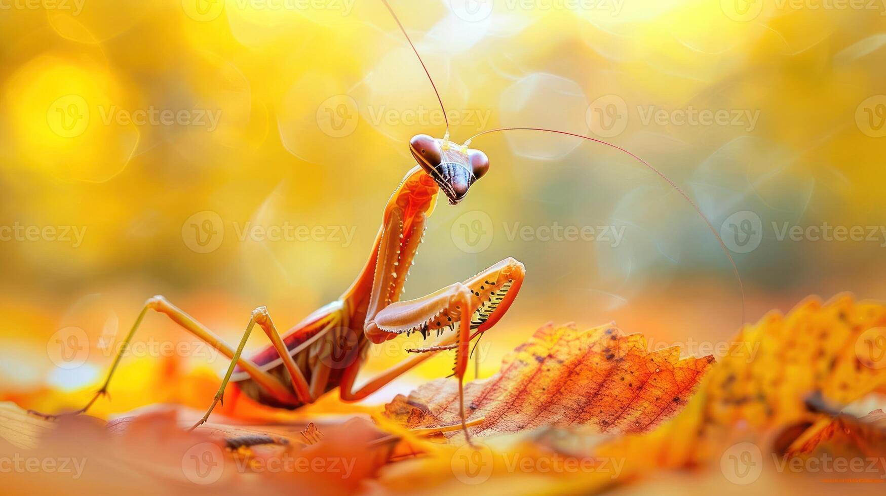 Close-up of a mantis on vibrant autumn leaves with a blurred golden background photo