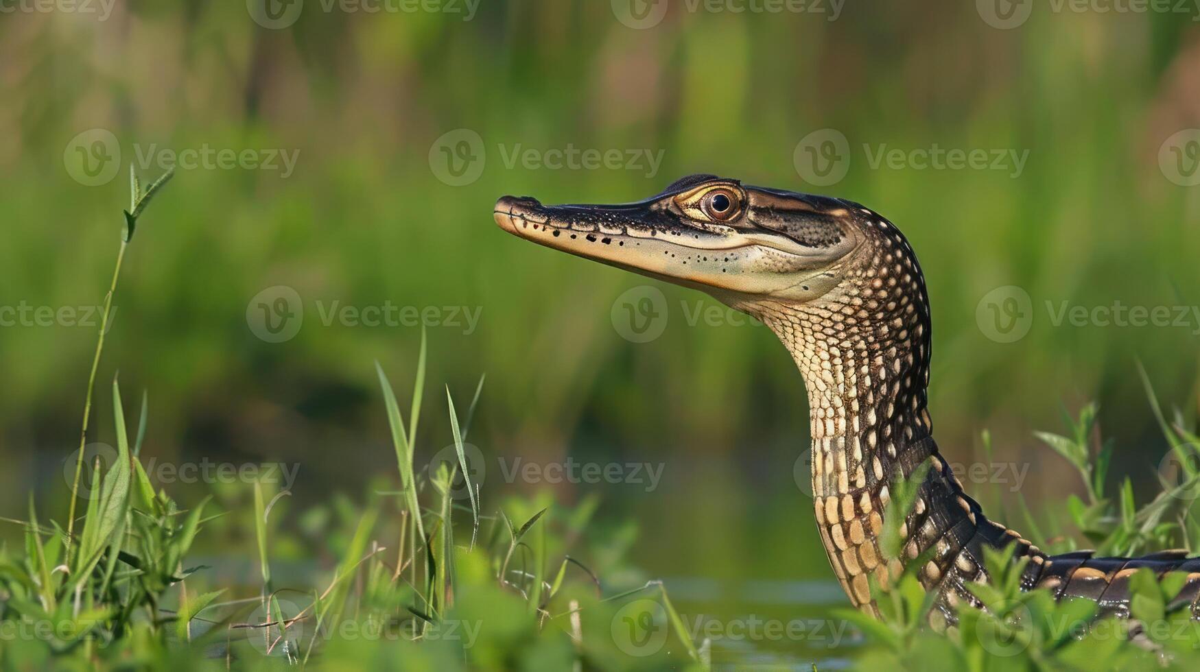 Close-up of a snake-like creature emerging from lush green vegetation near water, showcasing its habitat photo