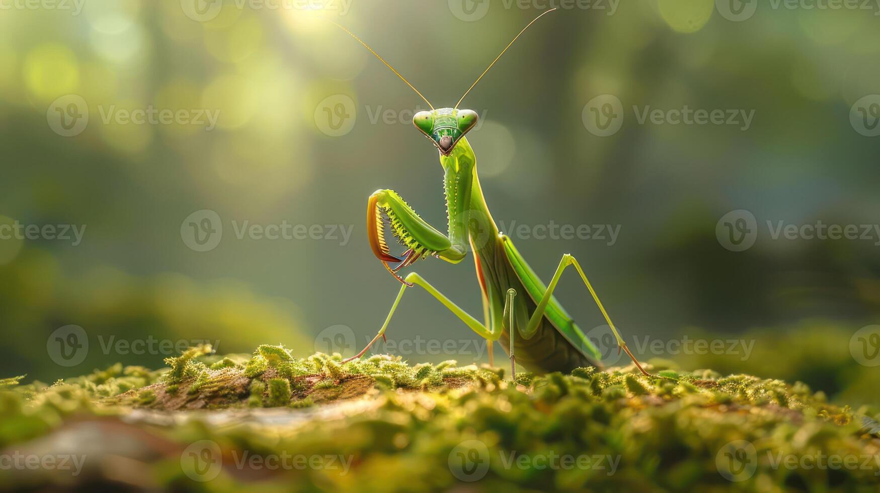 A vibrant green praying mantis perched on mossy ground, surrounded by soft, blurred forest light photo