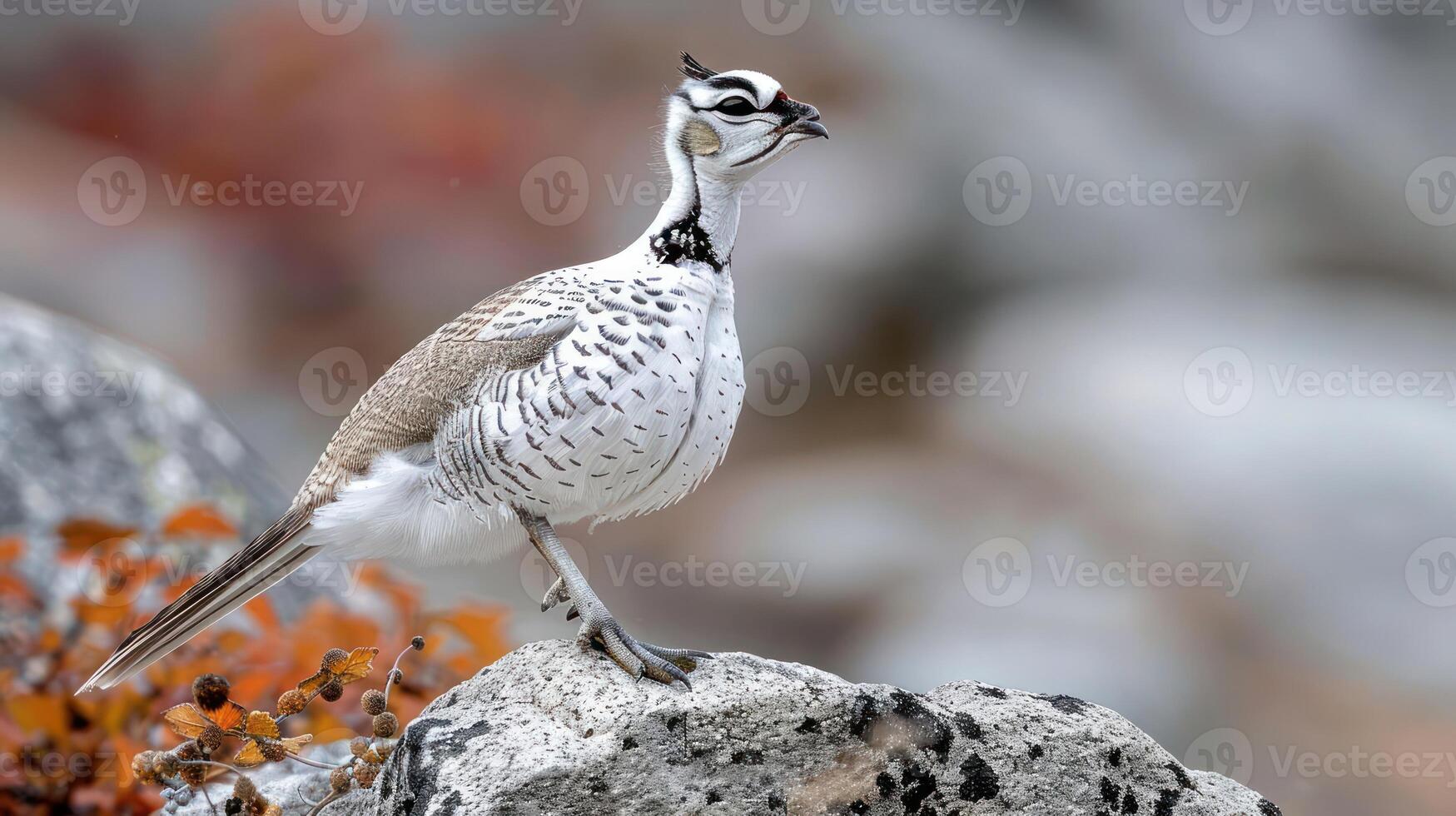 A striking bird standing on a rock amidst colorful autumn foliage in a serene natural setting photo
