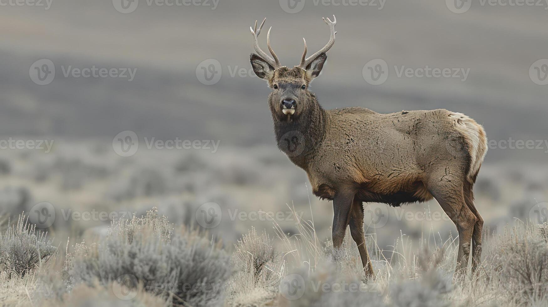 Majestic stag standing in a vast, grassy landscape with mountains in the background during twilight photo