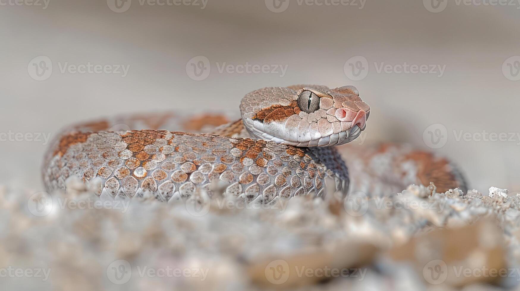 Close-up of a coiled snake resting on the ground, showcasing its intricate scales and natural habitat photo
