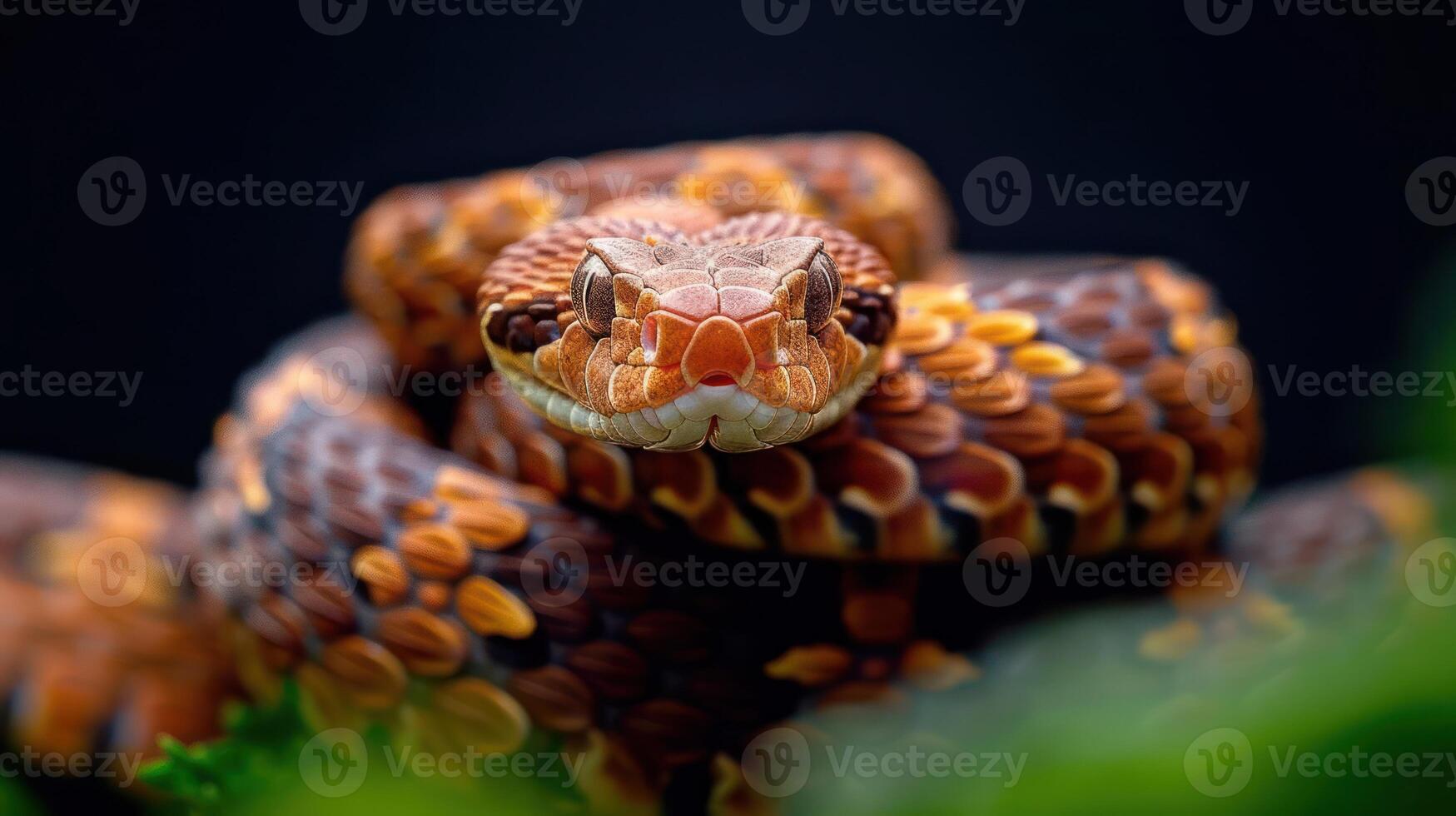 Close-up of a vibrant, patterned snake resting among lush foliage with a dark background photo