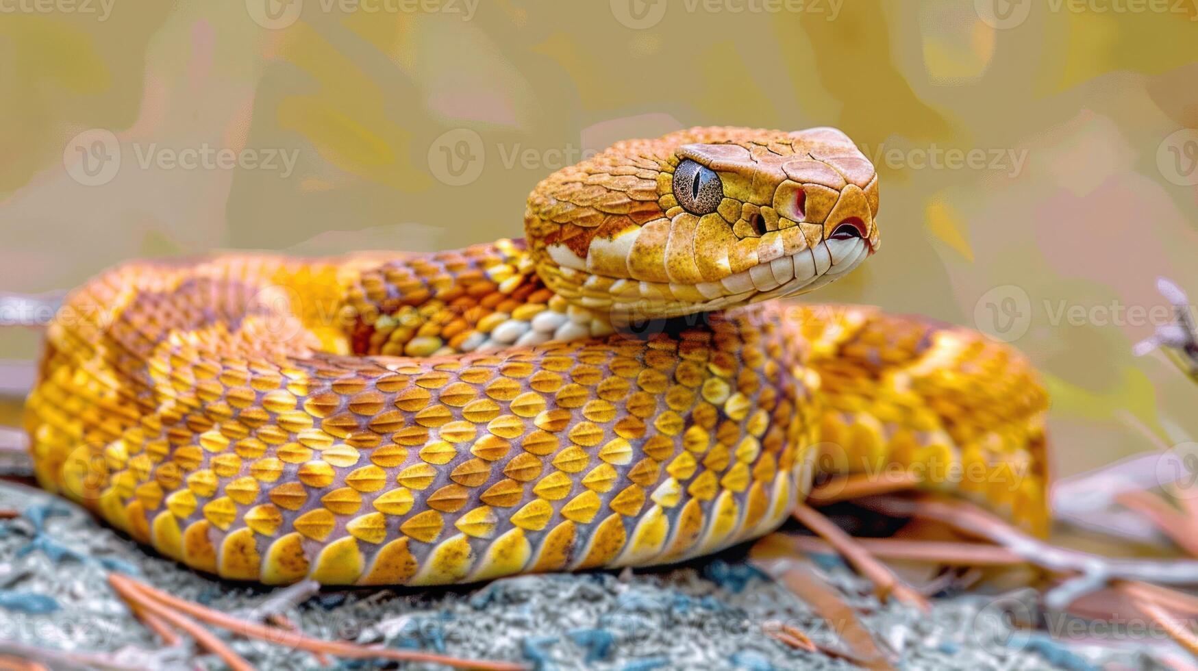 Close-up of a vibrant, coiled snake resting on a rock amidst a blurred natural background photo