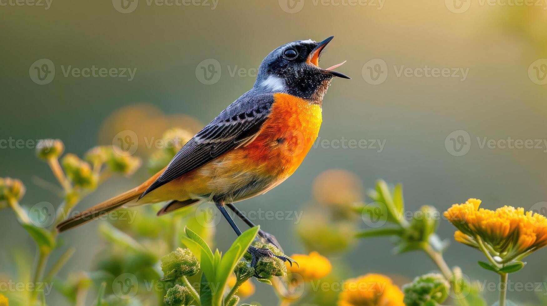Vibrant songbird perched on flowers, singing joyfully in a lush natural setting photo