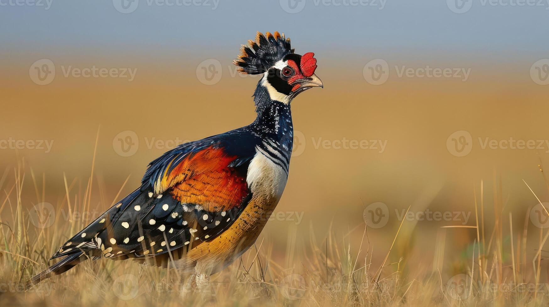 Vibrant bird with intricate feathers stands proudly in a grassy field under a clear sky photo