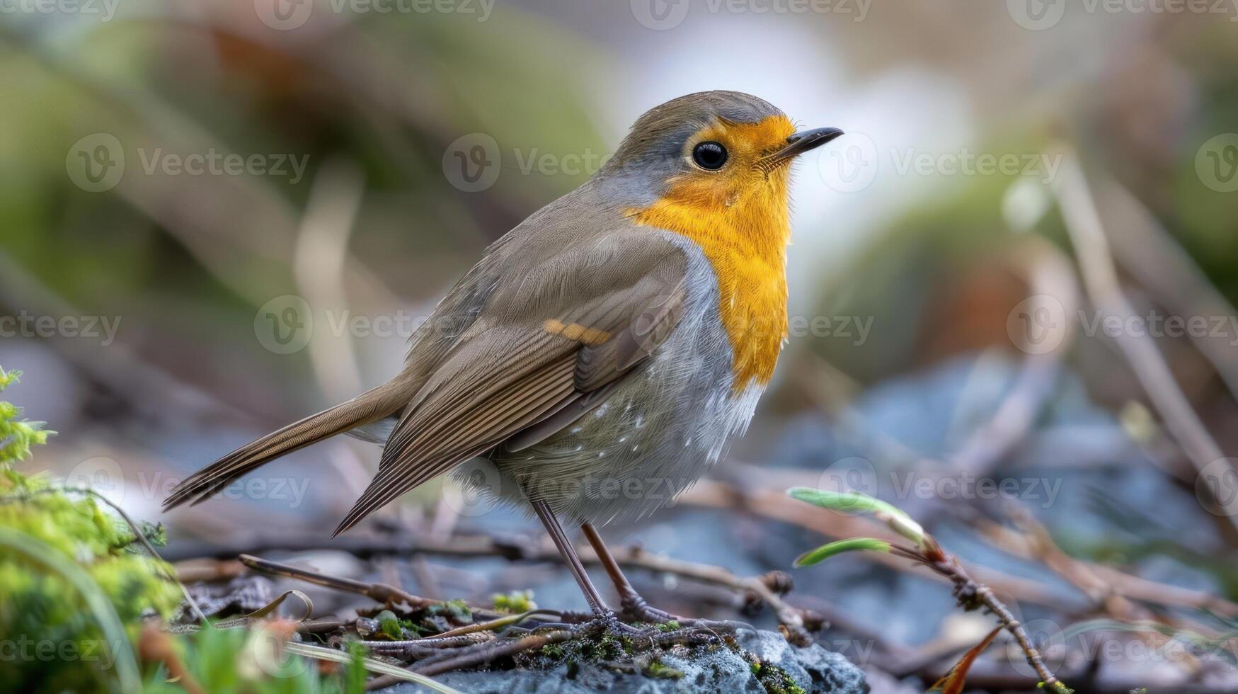 A close-up of a vibrant robin perched on a mossy rock, surrounded by soft, blurred foliage photo