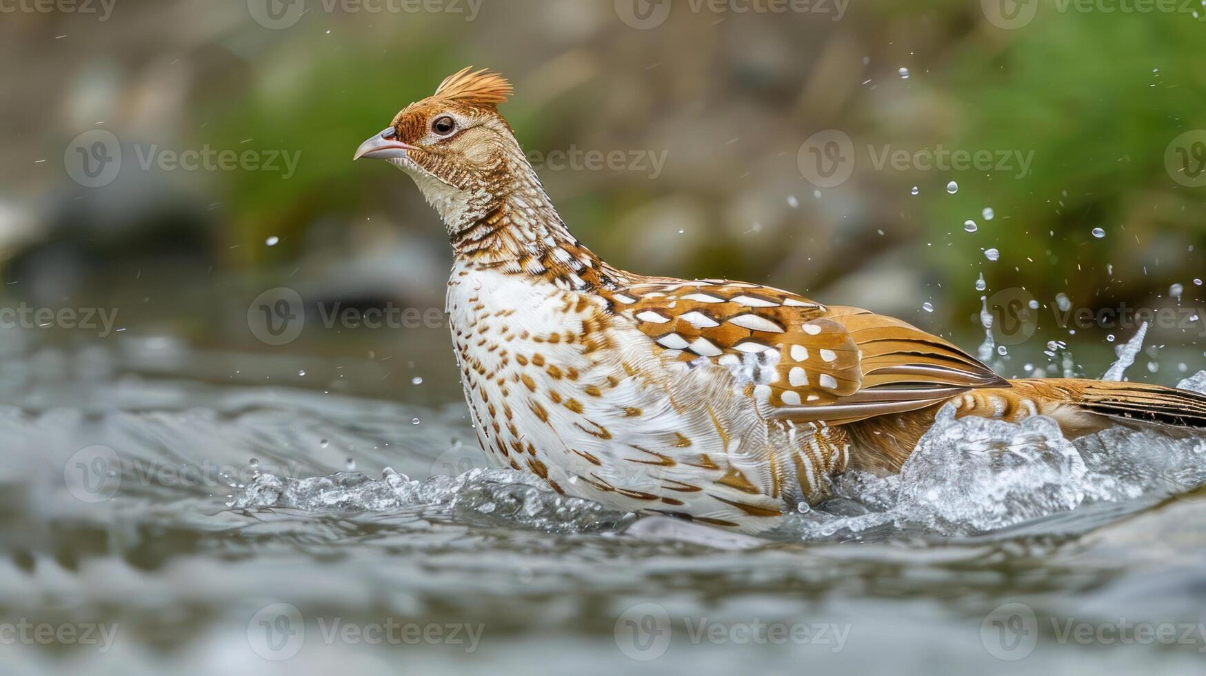A vibrant bird splashes through a shallow stream, surrounded by lush greenery and pebbles photo