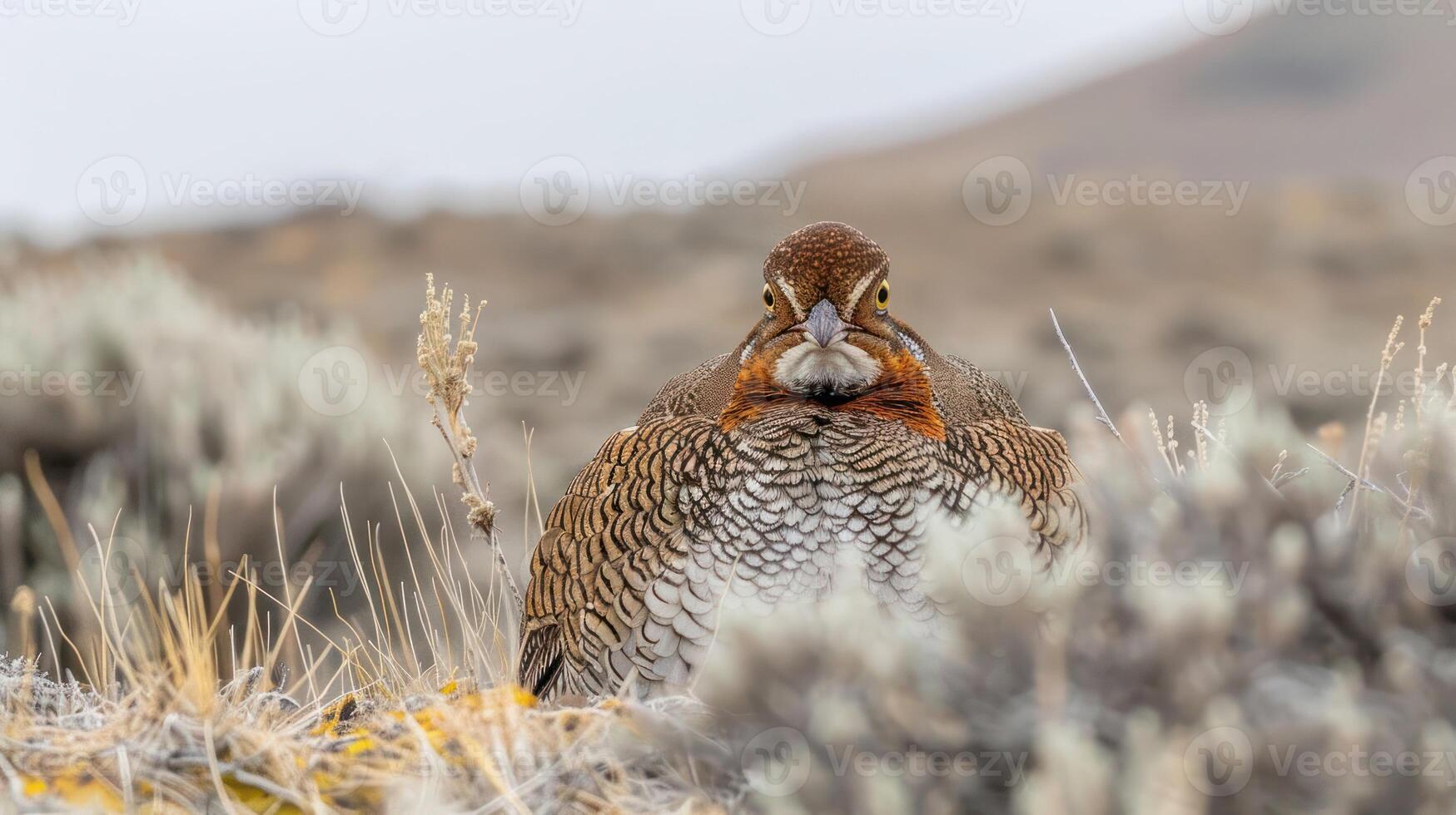 Close-up of a bird in a natural habitat, surrounded by shrubs and distant mountains, showcasing wildlife photo