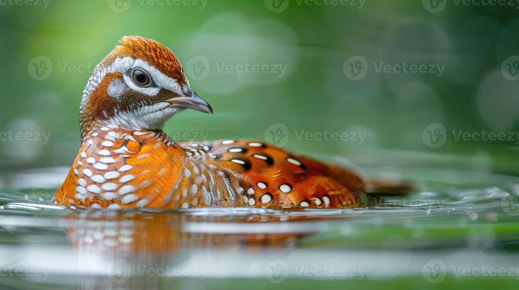 Vibrant bird swimming gracefully in tranquil waters, surrounded by lush greenery and soft bokeh photo