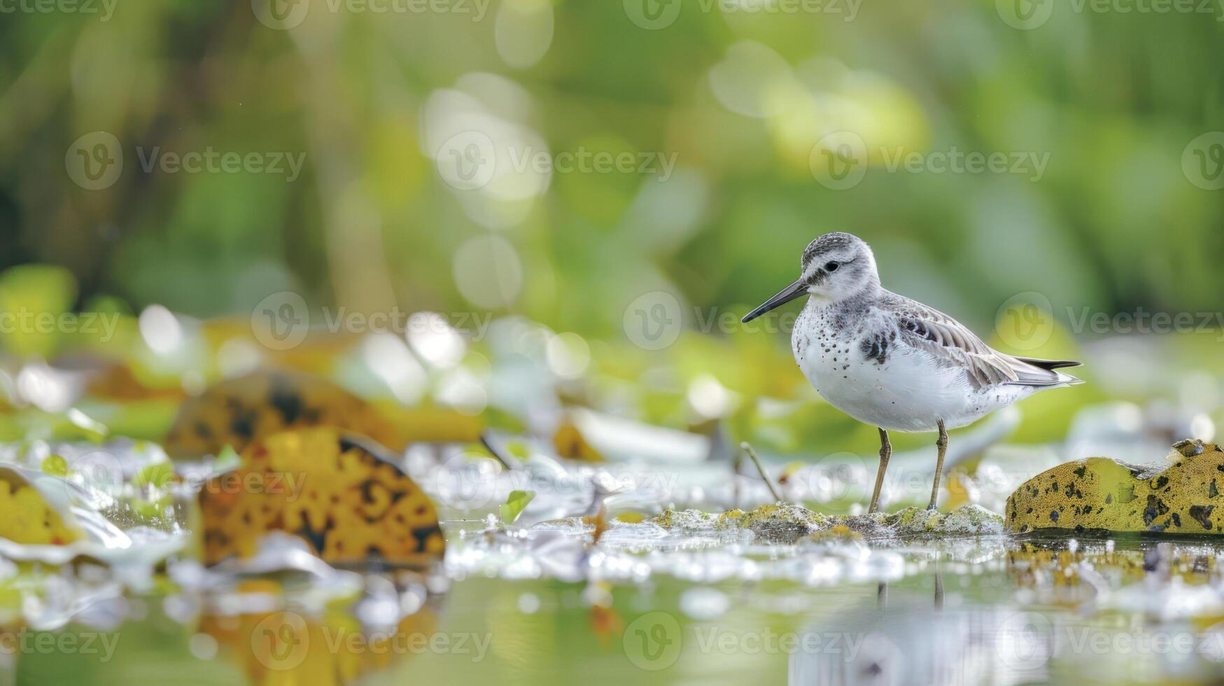 A solitary bird wading through a serene wetland, surrounded by vibrant foliage and reflections photo