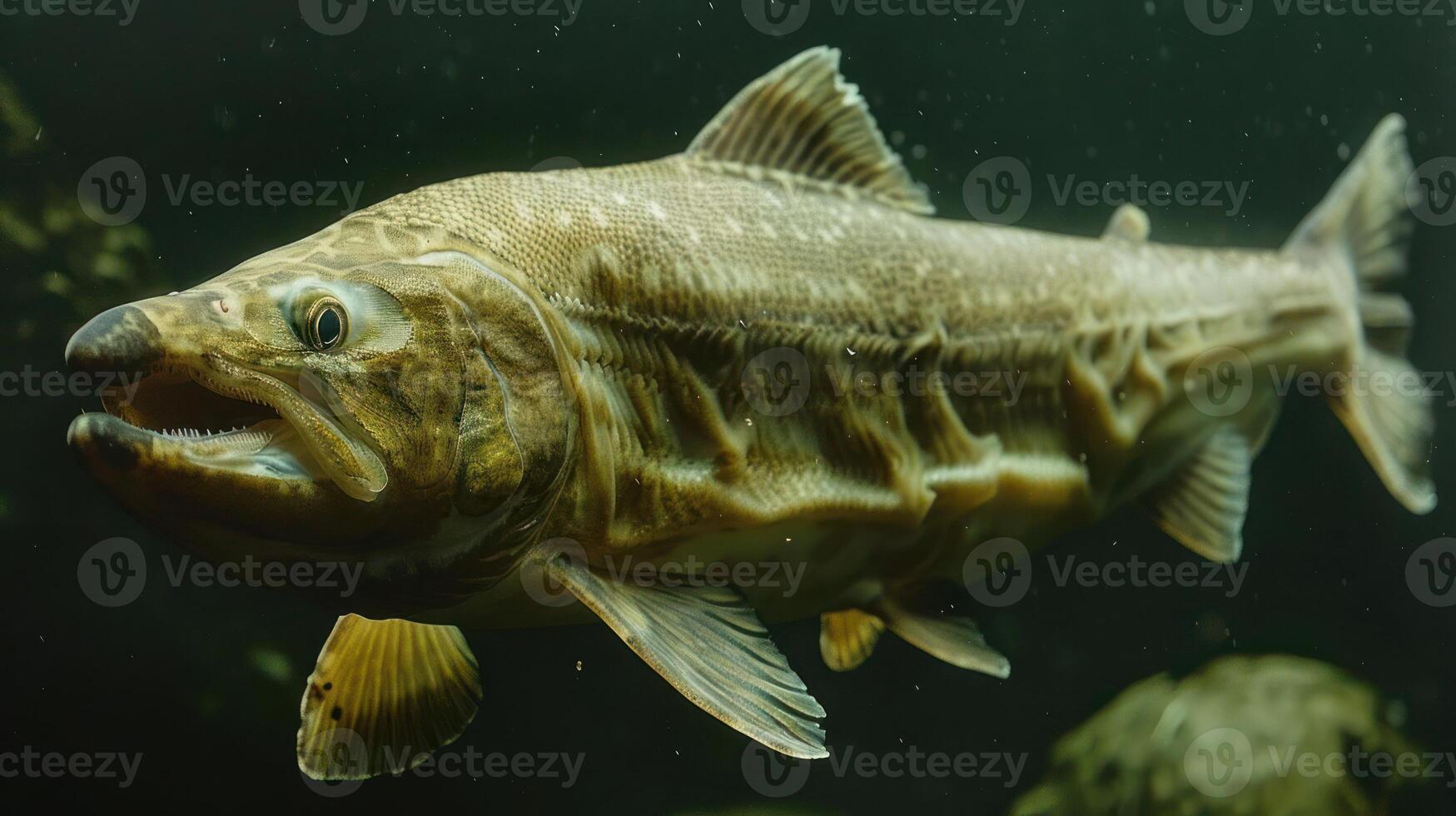 Underwater view of a large fish swimming gracefully among rocks in a serene aquatic environment photo