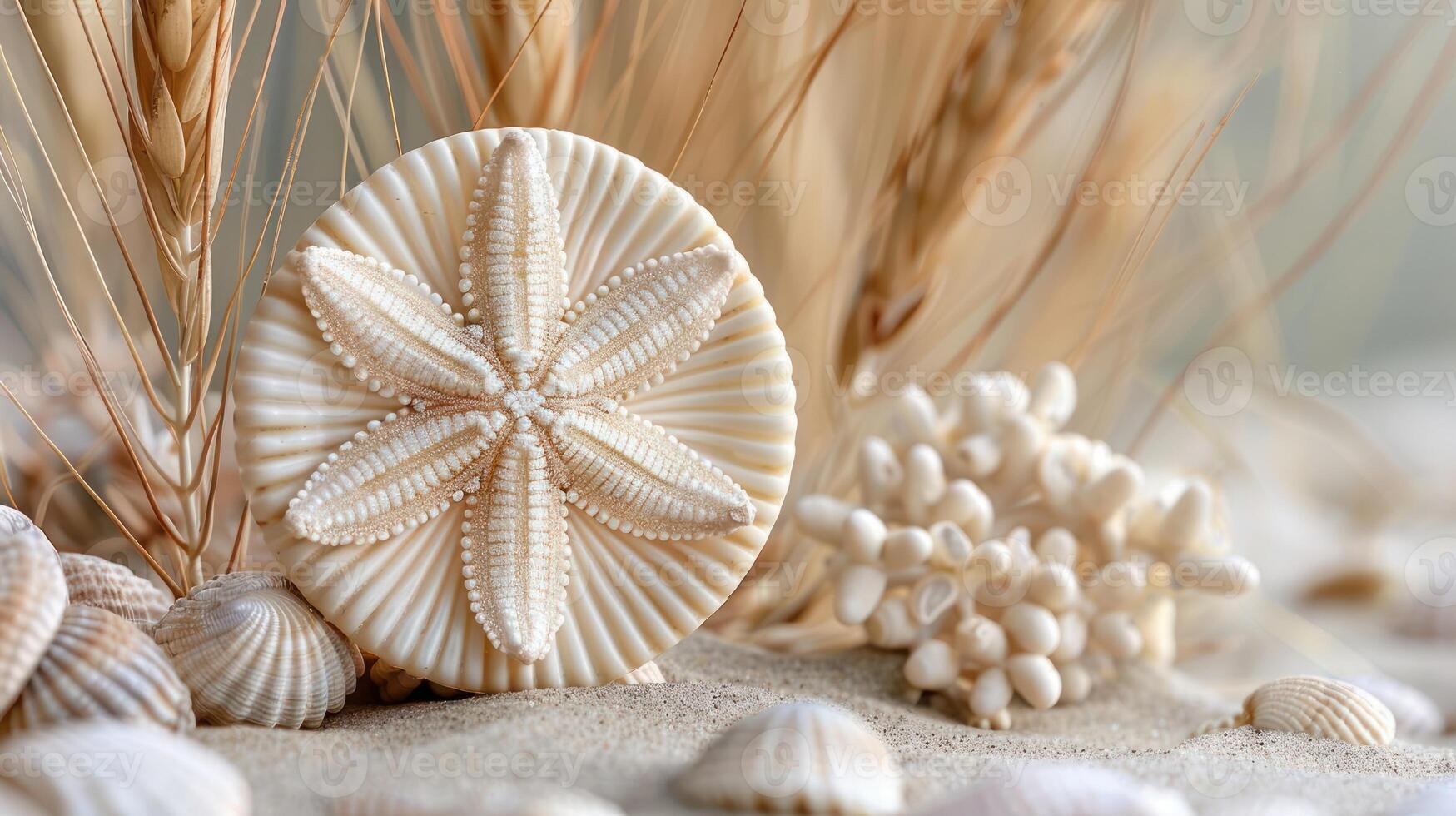 Close-up of a sand dollar surrounded by seashells and dried grass on a sandy beach photo
