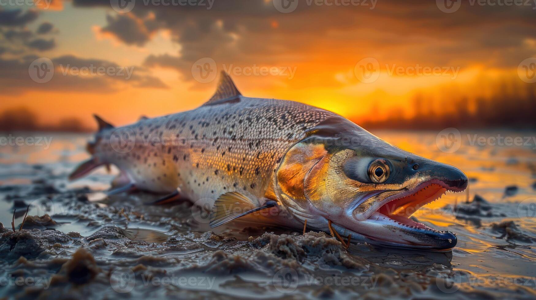 A vibrant sunset scene featuring a trout caught on muddy riverbank, showcasing nature's beauty photo