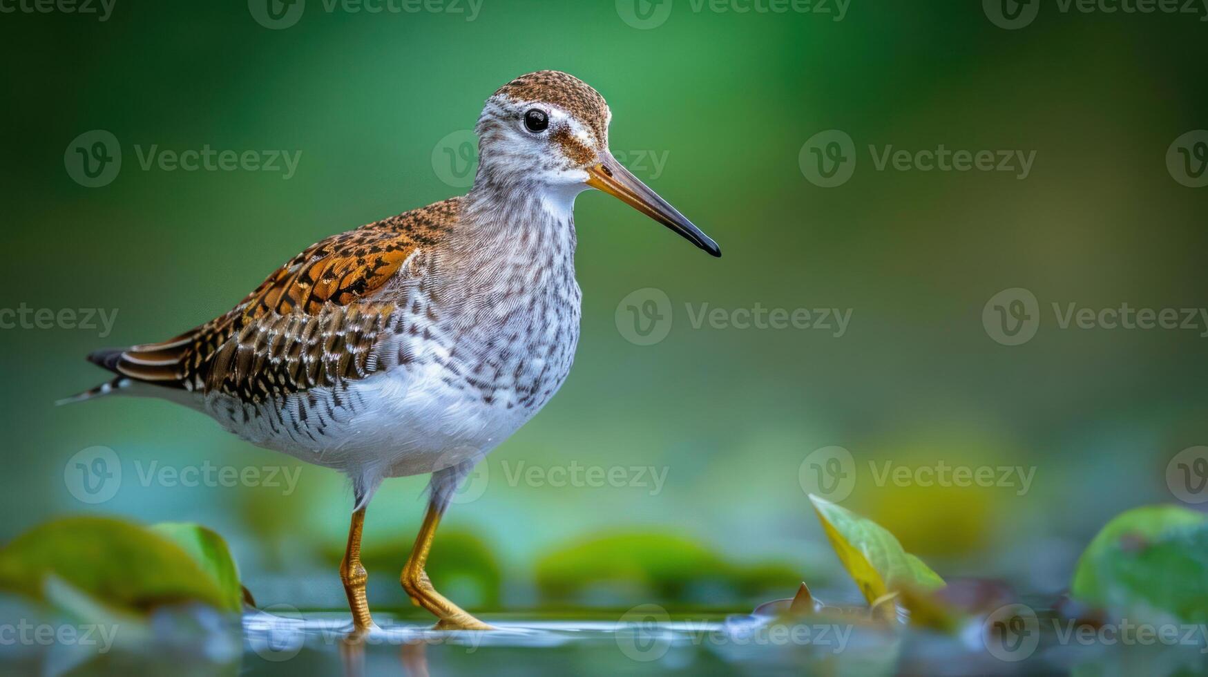 A solitary bird wading through a serene wetland, surrounded by lush greenery and reflections photo