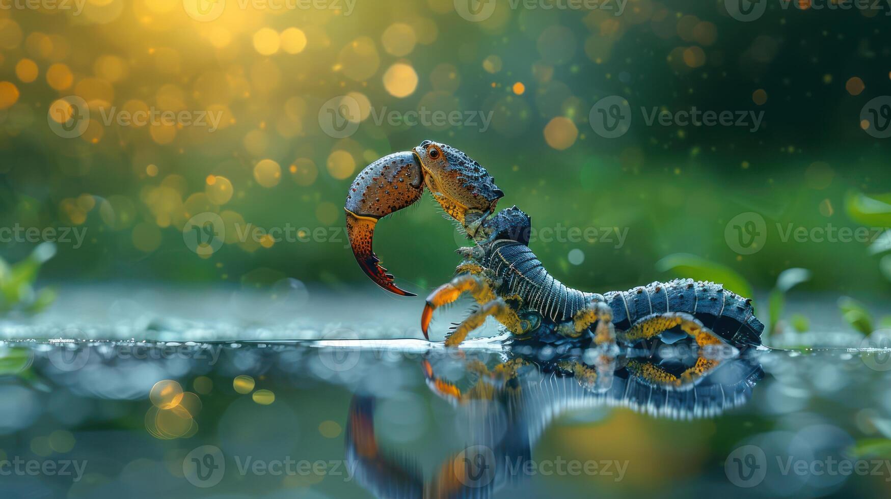 A detailed close-up of a vibrant crab with a large claw emerging from a serene water surface at sunset photo
