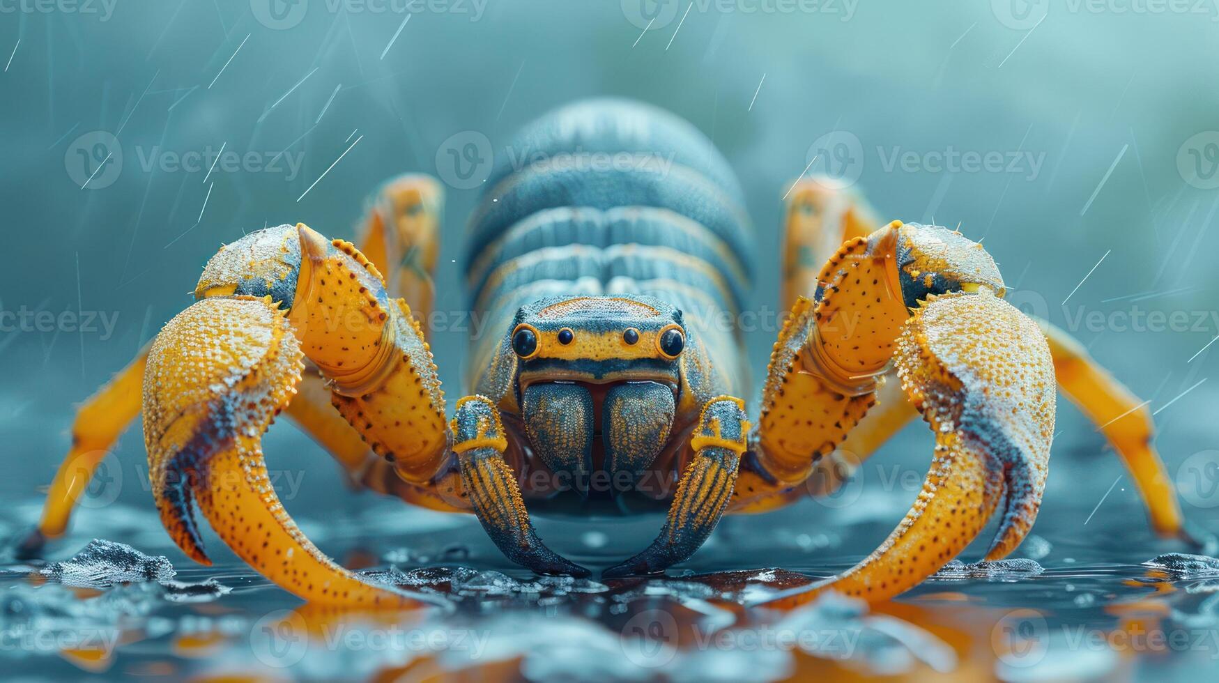 Close-up of a vibrant crab in a rain-soaked environment, showcasing intricate details and colors photo