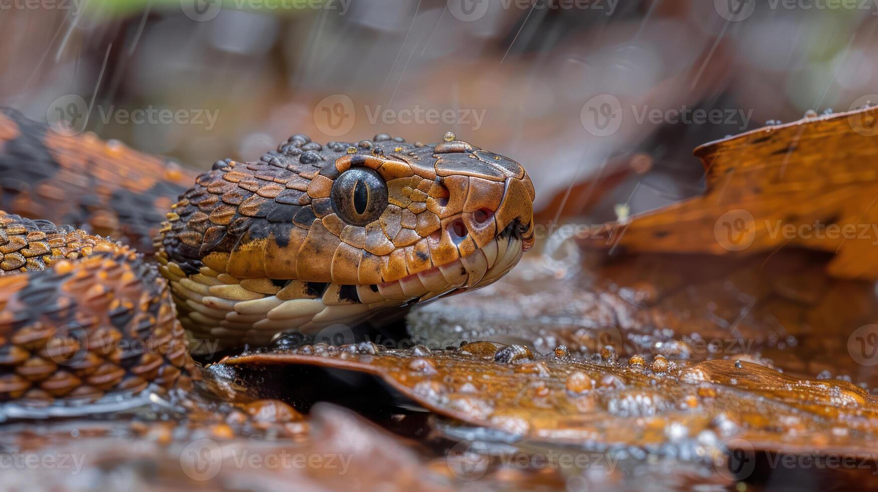 Close-up of a vibrant snake resting on wet leaves during a rain shower in a lush forest photo
